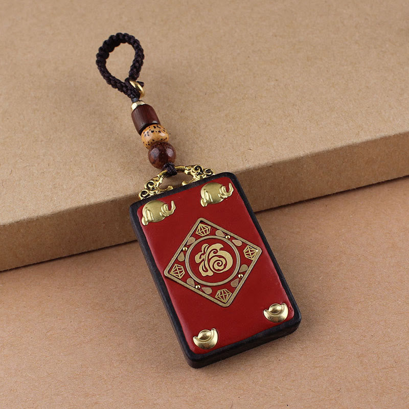 Ebony Koi Fish Fu Character Keychain – red lacquer Fu character pendant with gold elephant and ingot accents, fortune charm