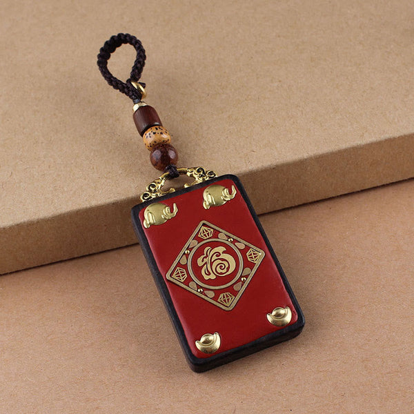 Ebony Koi Fish Fu Character Keychain – red lacquer Fu character pendant with gold elephant and ingot accents, fortune charm