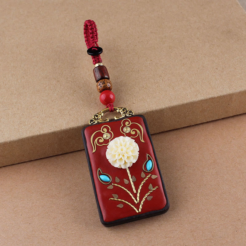 Ebony Koi Fish Fu Character Keychain – red lacquer carved flower pendant with gold clouds and turquoise on red beaded cord