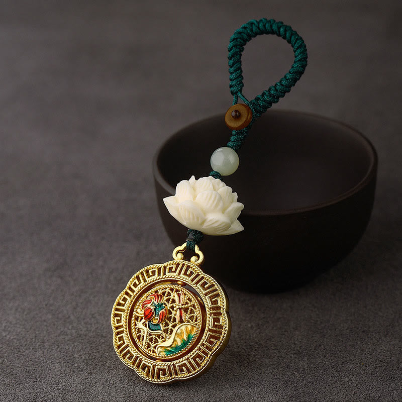 Bodhi Seed Lotus Jade Key Chain - Enamel lotus fish medallion with white lotus carving on teal cord