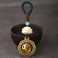 Bodhi Seed Lotus Jade Key Chain - Prayer wheel pendant with jade bead and carved lotus on green cord