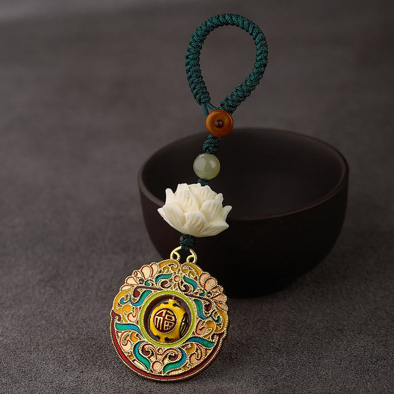Bodhi Seed Lotus Jade Key Chain - Red Fu blessing character medallion with lotus and jade on green cord