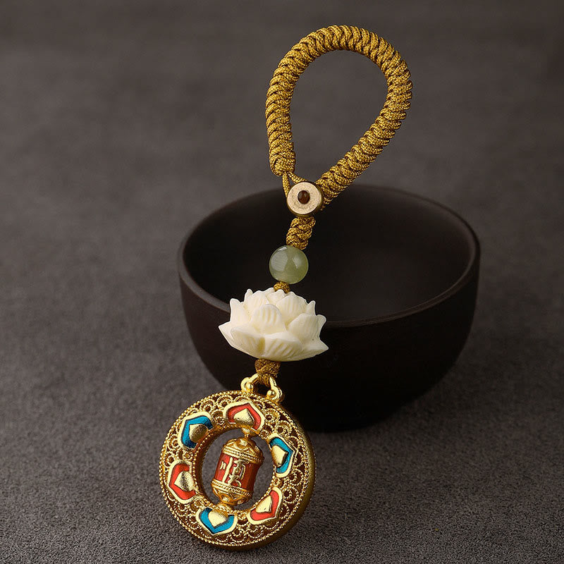 Bodhi Seed Lotus Jade Key Chain - Tibetan prayer wheel with mantra text, red and turquoise enamel inlay