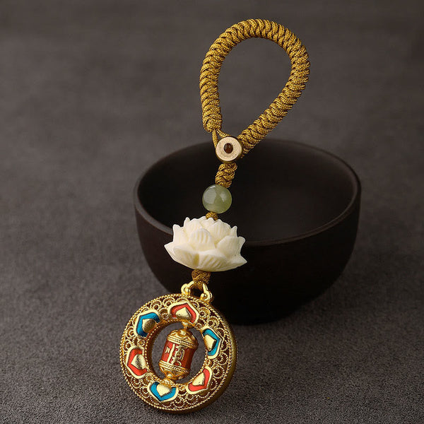 Bodhi Seed Lotus Jade Key Chain - Tibetan prayer wheel with mantra text, red and turquoise enamel inlay