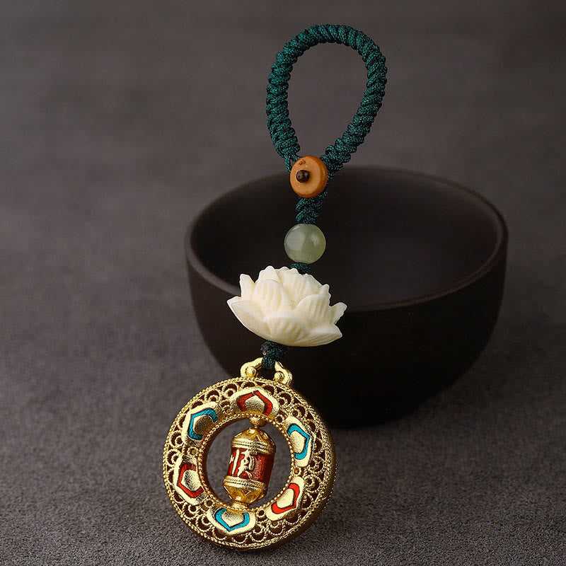 Bodhi Seed Lotus Jade Key Chain - Mini mani wheel keychain with Om Mani Padme Hum, lotus and jade bead