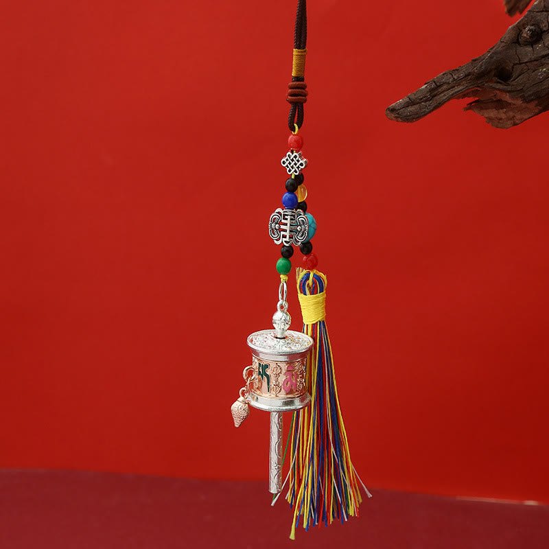 Silver Prayer Wheel Charm with endless knot, colored mantra inlay, Buddhist keychain