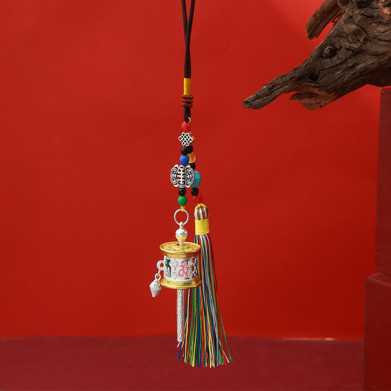 Prayer Wheel Pendant with gold rims, silver body, multi-color tassel, car charm