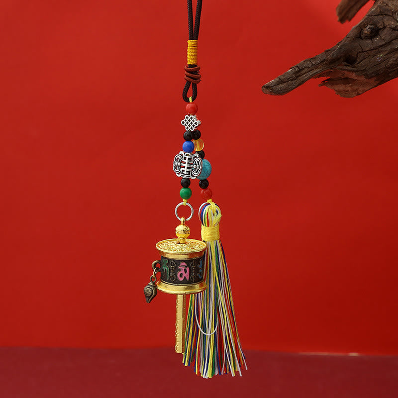 Tibetan Prayer Wheel with Om symbol, colorful bead strand, bell pendant, lucky charm