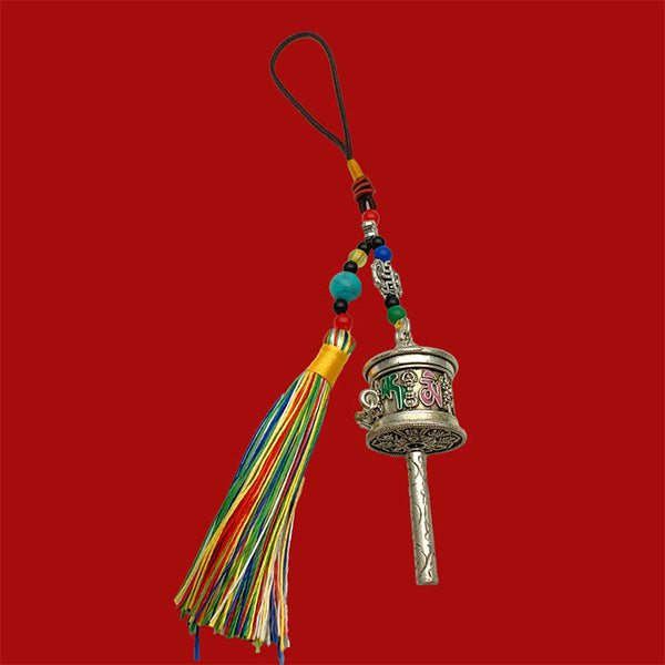 Silver Prayer Wheel Ornament, turquoise and coral beads, rainbow tassel, Zen decor