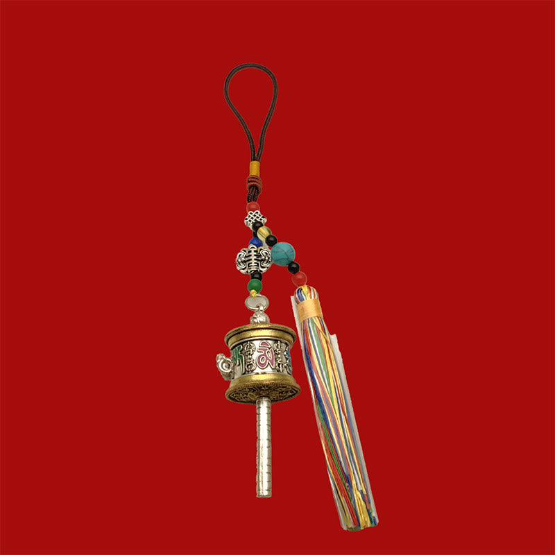 Miniature Prayer Wheel Charm, antique brass and silver, multi-color ribbon tassel