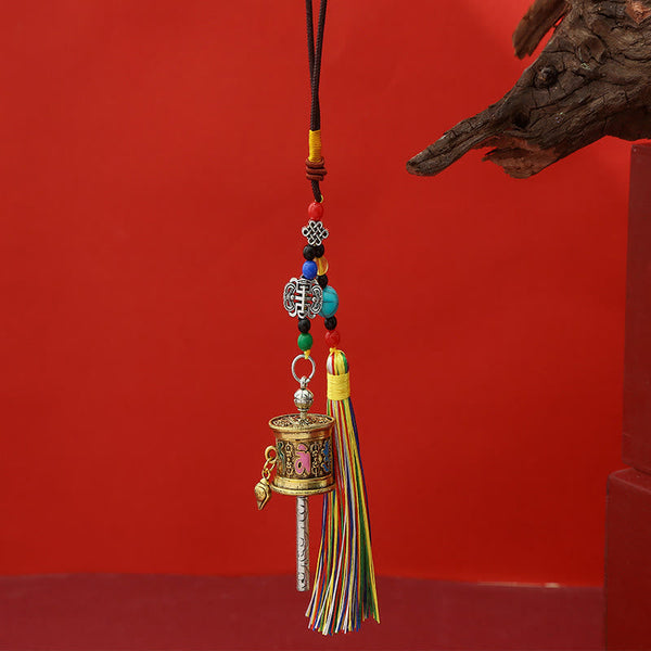 Brass Mani Wheel Hanging Ornament, Tibetan mantra engraving, colorful glass beads