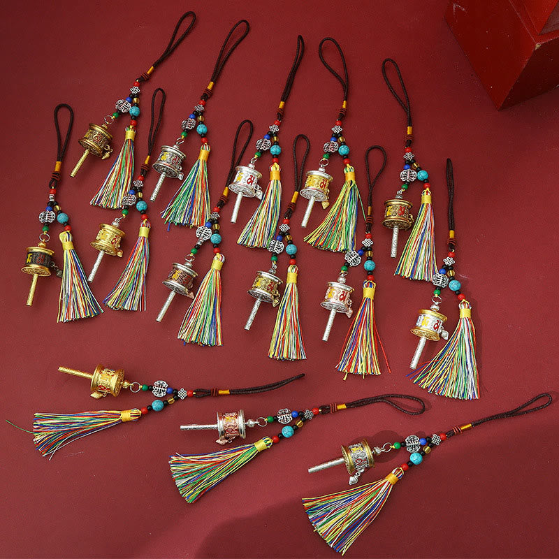 Prayer Wheel Charm collection, multiple gold and silver styles, colorful tassels
