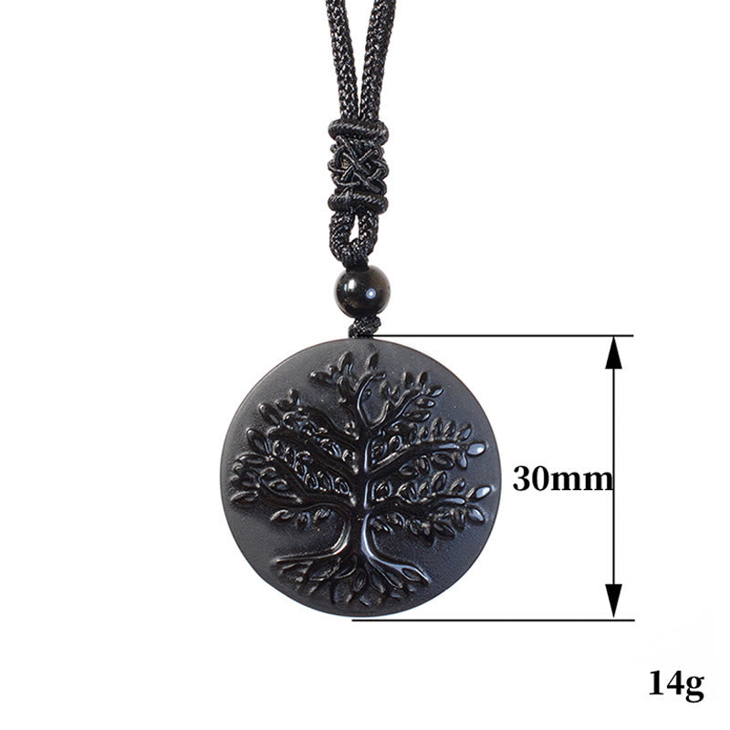Tree of Life Black Obsidian Necklace – size chart showing 30mm diameter and 14g weight, pendant dimensions