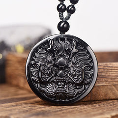 Black Obsidian Dragon Necklace - carved dragon head pendant on weathered wood, knotted bead cord, Protection