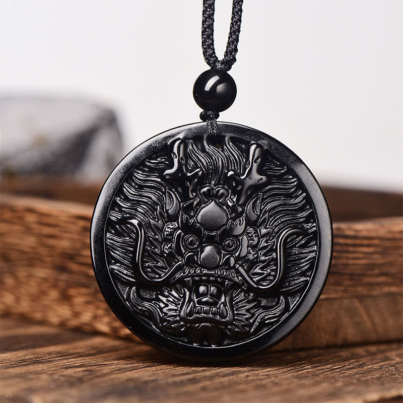 Black Obsidian Dragon Necklace - carved dragon medallion on dark wood, braided cord and bead, Shielding