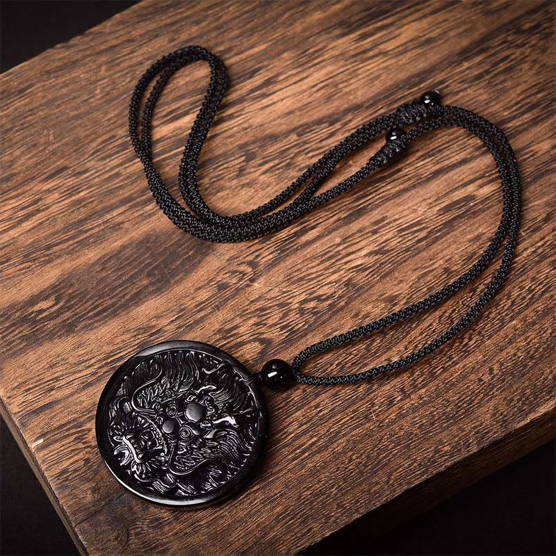 Black Obsidian Dragon Necklace - dragon relief on rich walnut wood, macrame cord, Spiritual Power