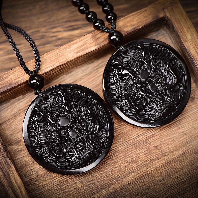 Black Obsidian Dragon Necklace - two styles cord and beaded on wooden tray, Protective Amulet