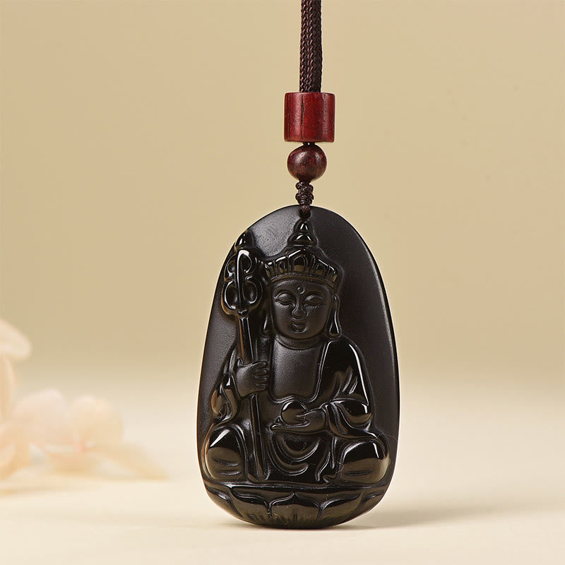 Ksitigarbha Buddha Black Obsidian Pendant Necklace – worn on neck display, everyday protection jewelry