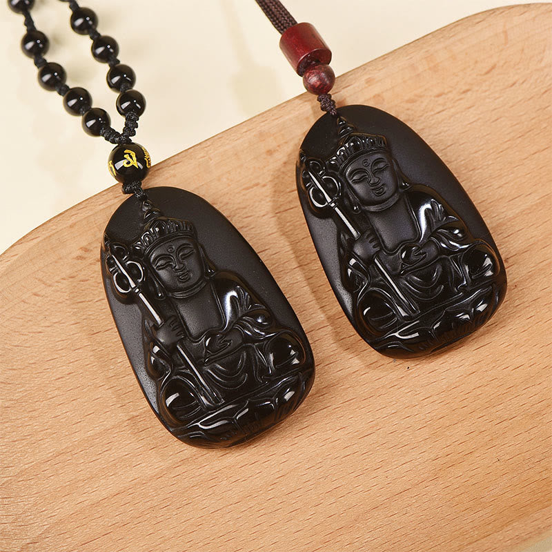 Ksitigarbha Buddha Black Obsidian Pendant Necklace – in gift box packaging, meaningful spiritual present