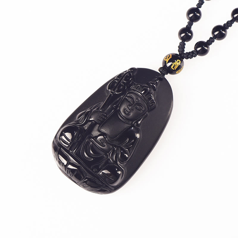 Ksitigarbha Buddha Black Obsidian Pendant Necklace – back view polished stone, smooth obsidian finish