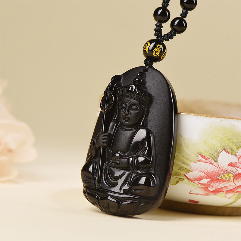 Ksitigarbha Buddha Black Obsidian Pendant Necklace – side angle pendant depth, glossy black glass stone