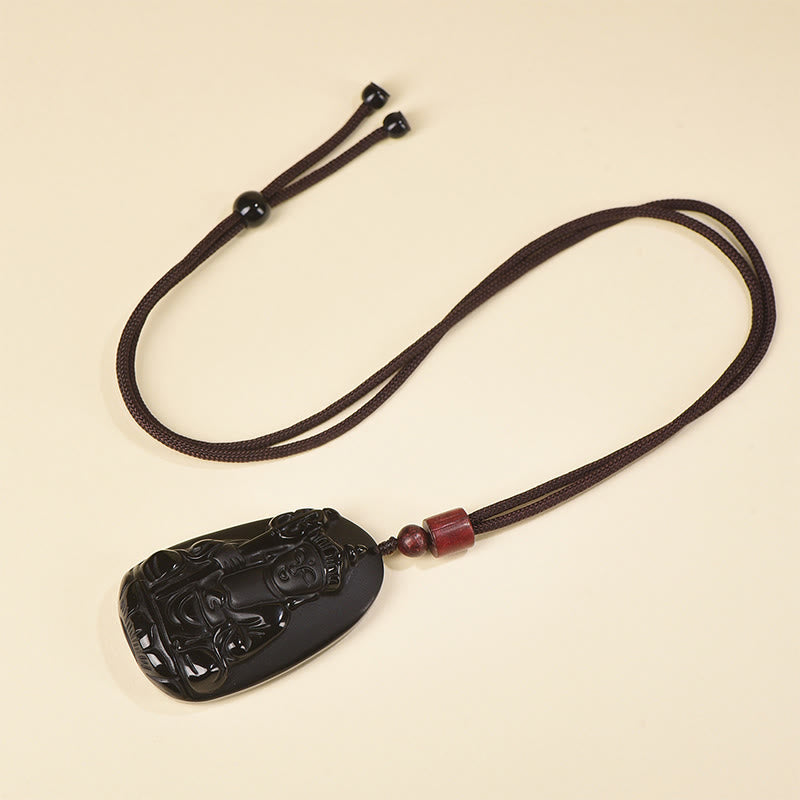 Ksitigarbha Buddha Black Obsidian Pendant Necklace – macro stone texture, natural volcanic glass detail