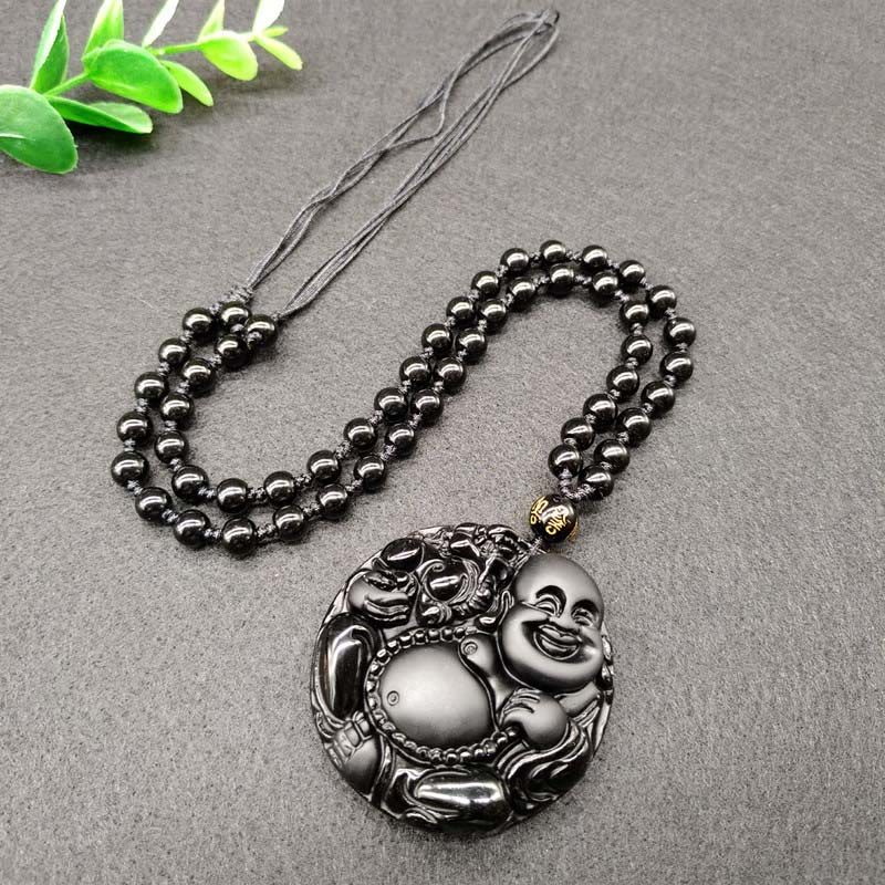 Laughing Buddha Black Obsidian Glass Pendant Necklace – front view happy buddha face, protective obsidian charm