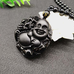 Laughing Buddha Black Obsidian Glass Pendant Necklace – side angle glass pendant, glossy black stone depth