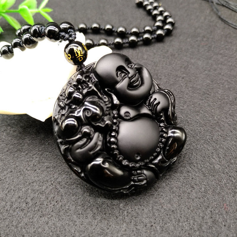 Laughing Buddha Black Obsidian Glass Pendant Necklace – close-up carving detail, intricate buddha expression