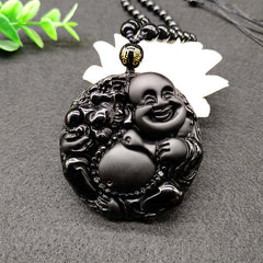 Laughing Buddha Black Obsidian Glass Pendant Necklace – laughing buddha black obsidian pendant, glass necklace