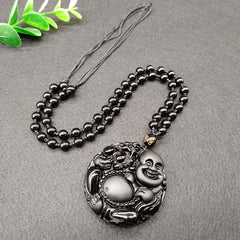 Laughing Buddha Black Obsidian Glass Pendant Necklace – front view happy buddha face, protective obsidian charm