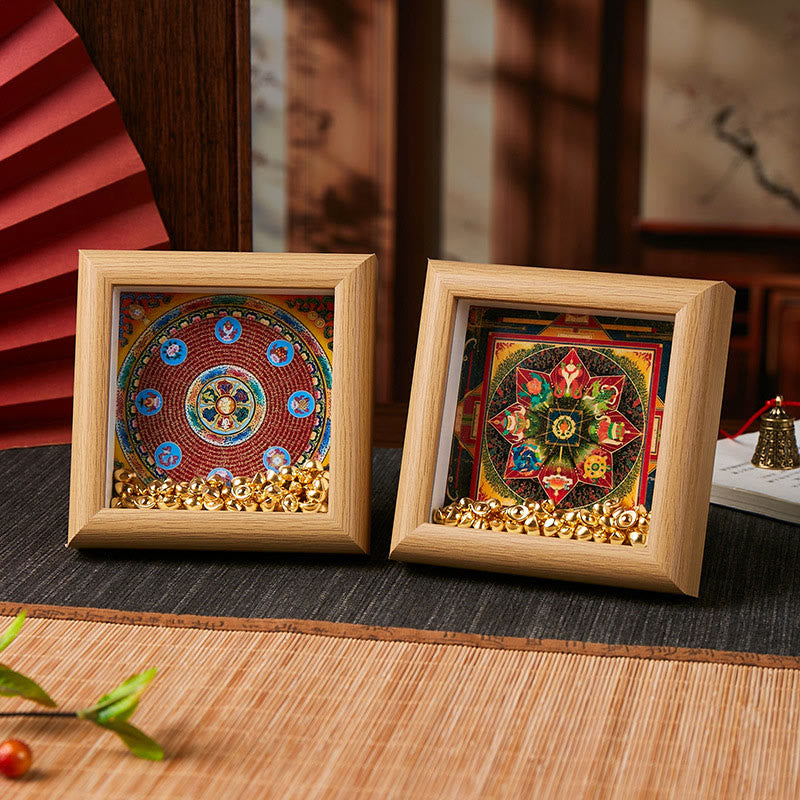 Tibetan Thangka Om Mani Padme Hum Golden Ingot Photo Frame – two frames side by side, light wood