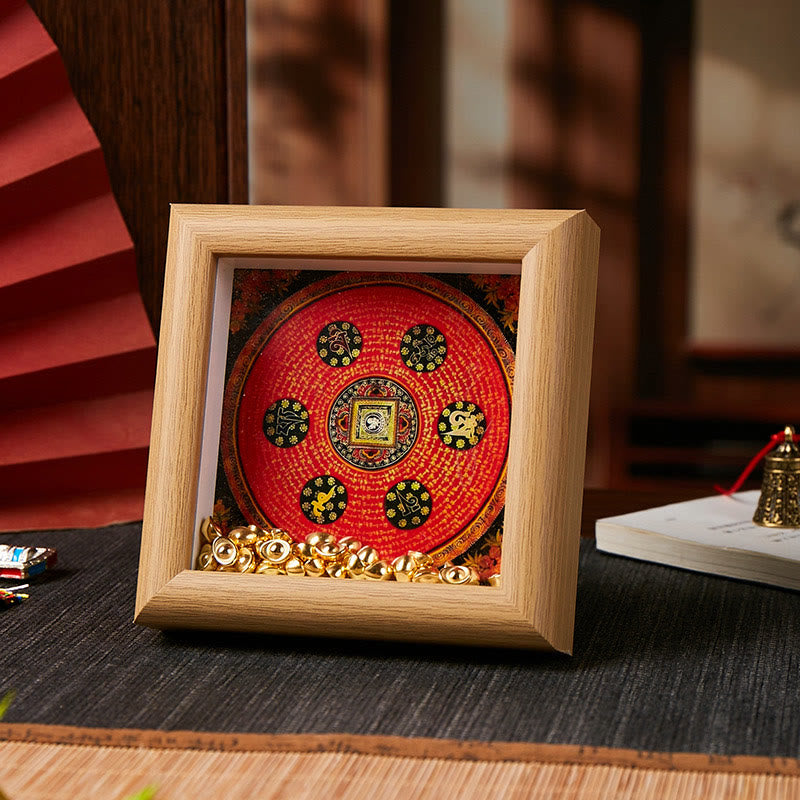 Tibetan Thangka Om Mani Padme Hum Golden Ingot Photo Frame – six medallion mandala, gold ingots
