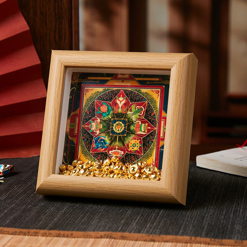 Tibetan Thangka Om Mani Padme Hum Golden Ingot Photo Frame – golden ingots close-up, light wood