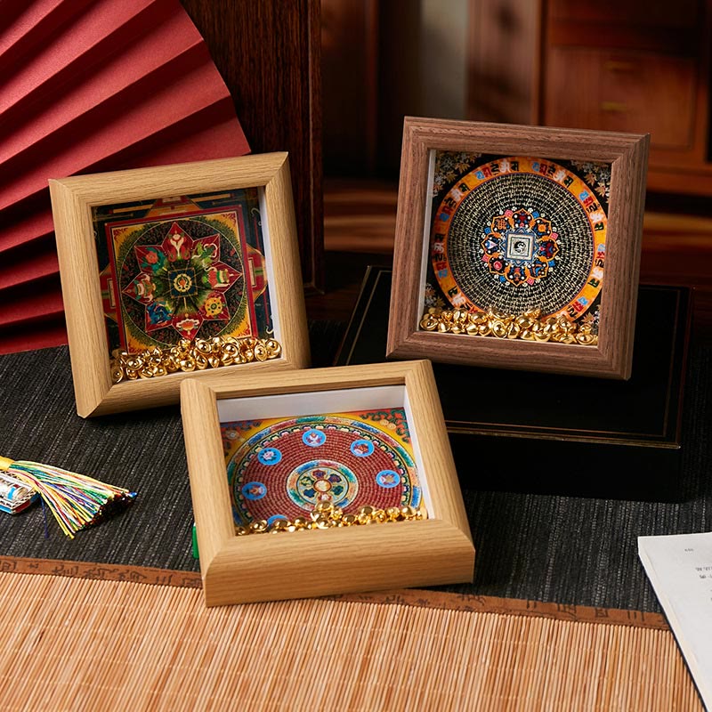 Tibetan Thangka Om Mani Padme Hum Golden Ingot Photo Frame – three frames with tassel, top view