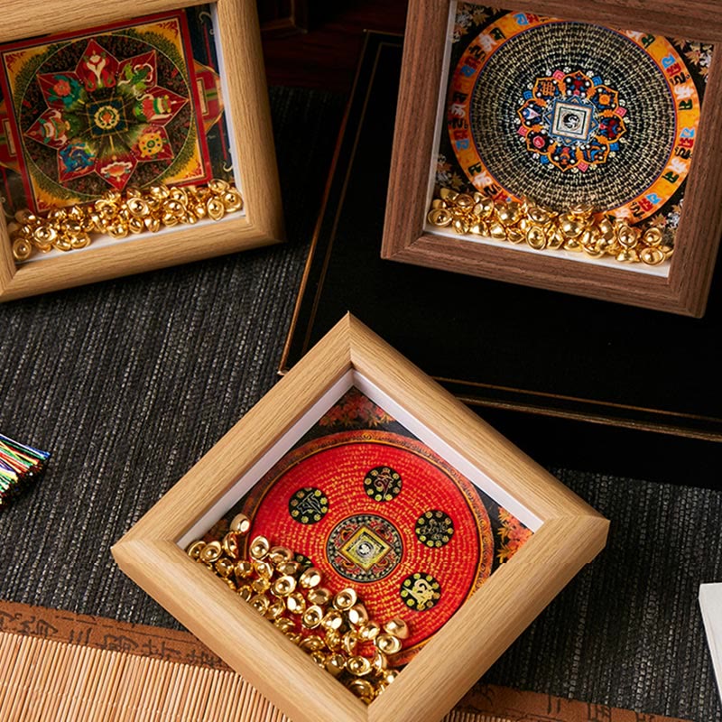 Tibetan Thangka Om Mani Padme Hum Golden Ingot Photo Frame – three frames on dark woven mat