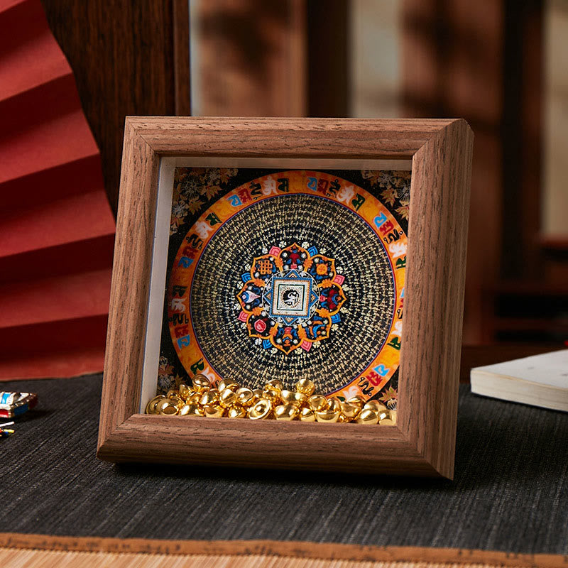 Tibetan Thangka Om Mani Padme Hum Golden Ingot Photo Frame – detailed mandala, dark wood close-up