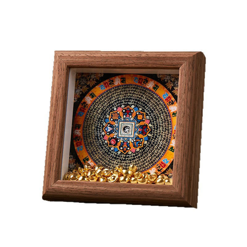 Tibetan Thangka Om Mani Padme Hum Golden Ingot Photo Frame – white background, shadow box display