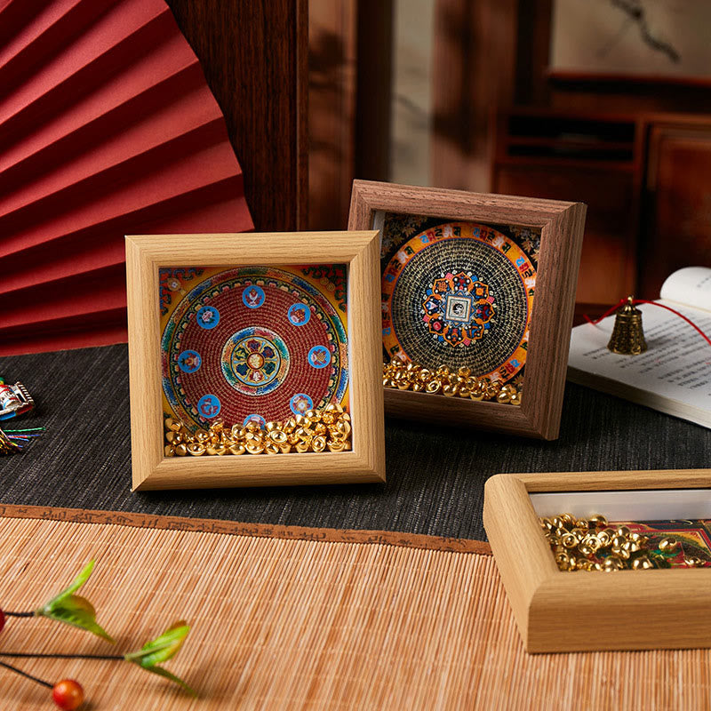 Tibetan Thangka Om Mani Padme Hum Golden Ingot Photo Frame – three frames with red fan backdrop