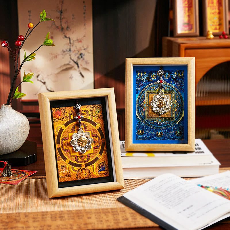 Lotus Golden Inlot Thangka Frame - Gold and blue mandala pair on bamboo mat with vase and incense, lifestyle