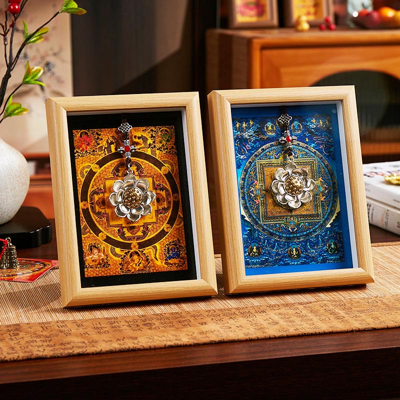 Lotus Golden Inlot Thangka Frame - Dual mandala frames in gold and blue on woven mat with books, cultural