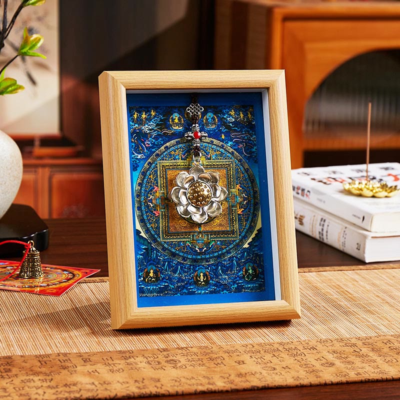 Lotus Golden Inlot Thangka Frame - Royal blue mandala with silver lotus ornament on honey wood frame, spiritual