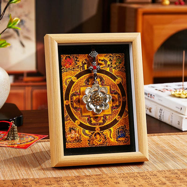 Lotus Golden Inlot Thangka Frame - Amber mandala thangka with 3D silver lotus on light wood shadow box