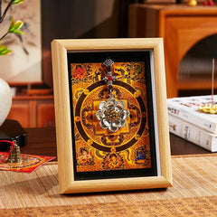 Lotus Golden Inlot Thangka Frame - Amber mandala thangka with 3D silver lotus on light wood shadow box