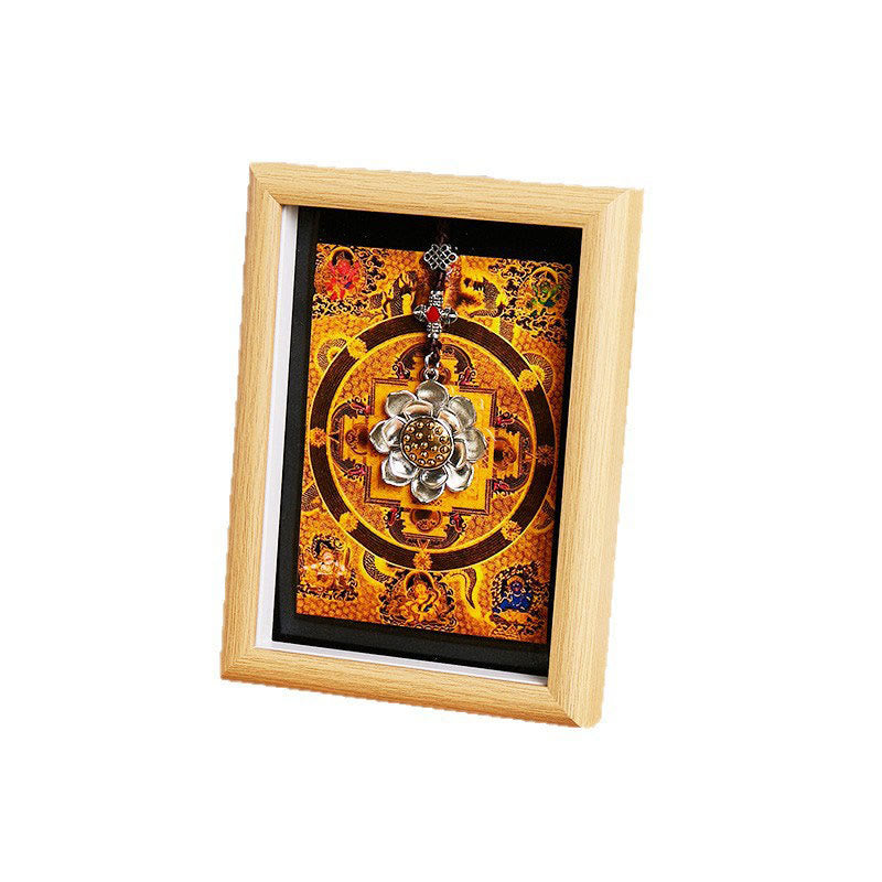 Lotus Golden Inlot Thangka Frame - Silver lotus ornament with gold mandala in light wood frame, white studio