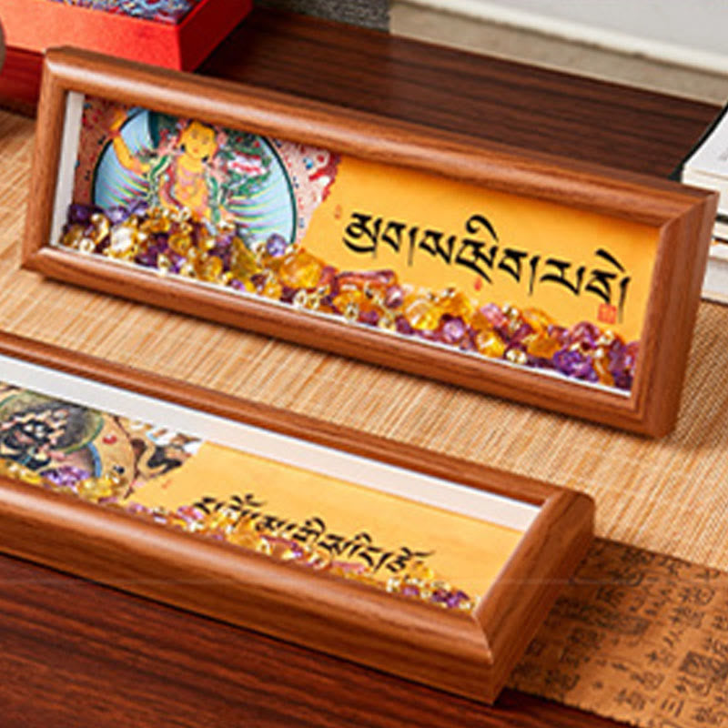 Om Mani Padme Hum Thangka Photo Frame Amethyst Citrine Decor – size next to book, medium density fiberboard scale