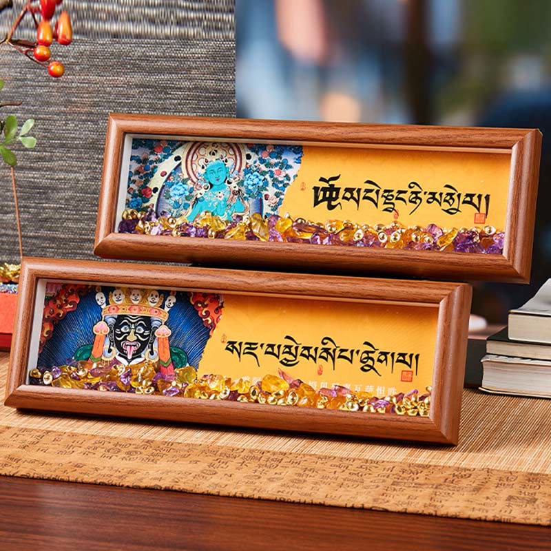 Om Mani Padme Hum Thangka Photo Frame Amethyst Citrine Decor – on mantelpiece, elegant spiritual living room decor