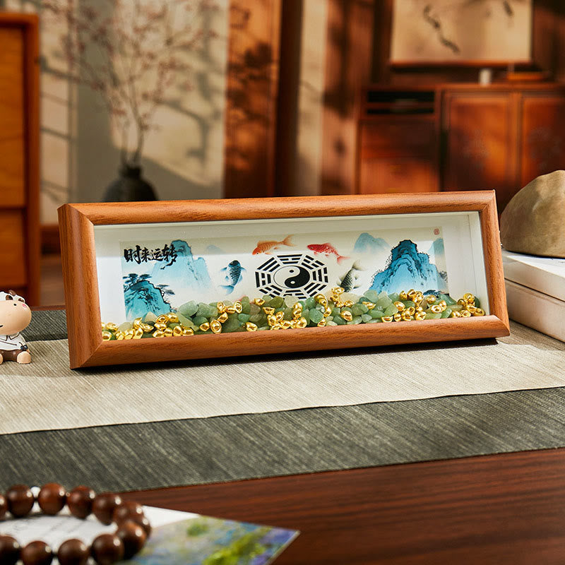 Green Crystal Bagua Photo Frame Decor – shadow box with bagua yin yang koi on wood, feng shui home decor