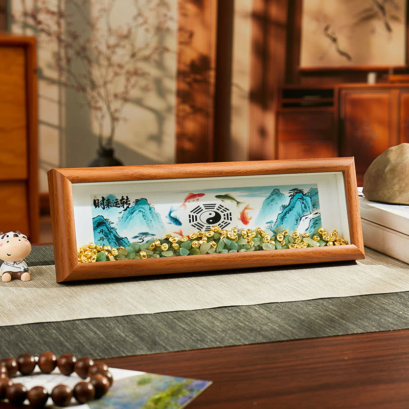 Green Crystal Bagua Photo Frame Decor – colorful koi around bagua with mountain landscape, wealth decor