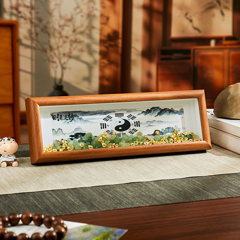 Green Crystal Bagua Photo Frame Decor – shadow box with aventurine crystals and gold ingots, prosperity frame